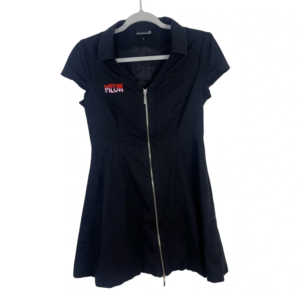 Sourpuss Clothing Y2K Black Cat Cap Sleeve Collared Zip Up Shirt Dress Large - Picture 2 of 12